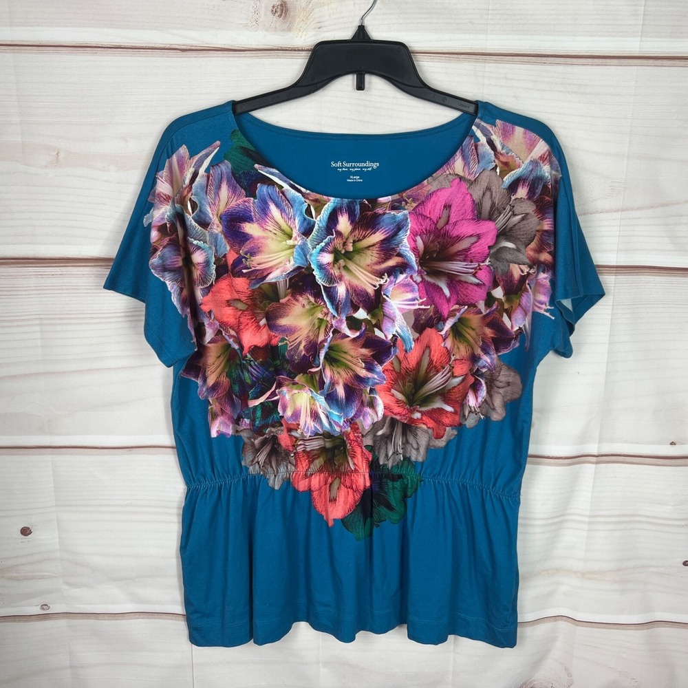 Soft Surroundings Top Womens XL Blue Floral Artsy Blouse Elastic Waist Knit